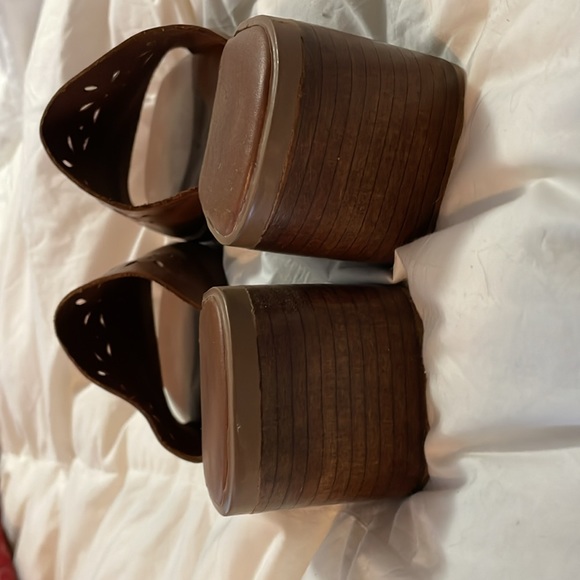 Montego Bay brown leather cut-out slide sandals block heel - Picture 2 of 4